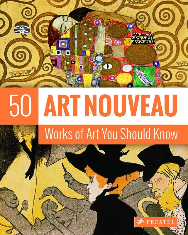 "Art Nouveau book cover showcasing '50 Works of Art' with elegant illustrations from the transformative art movement."
