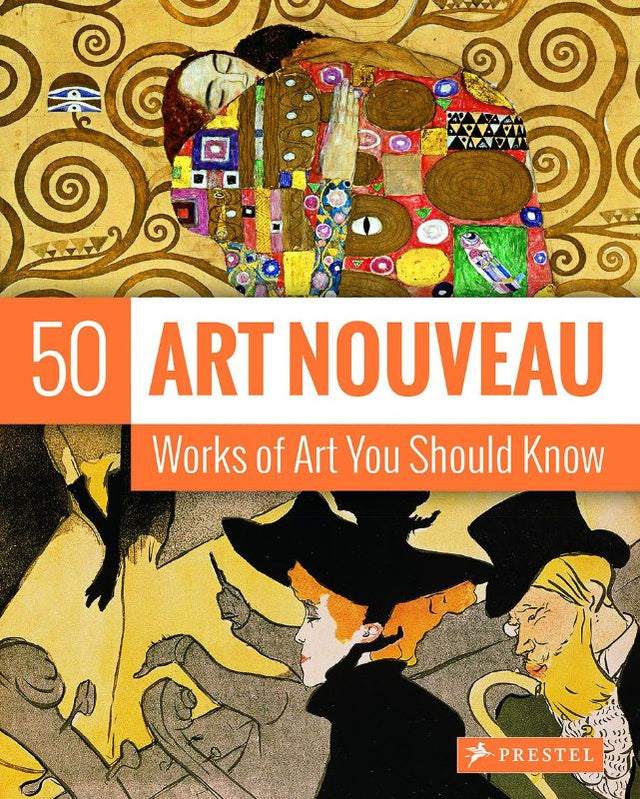 "Art Nouveau book cover showcasing '50 Works of Art' with elegant illustrations from the transformative art movement."