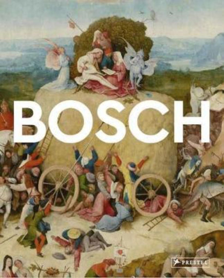 "Book cover of 'Masters of Art' featuring Bosch's surreal artwork, showcasing his influence on medieval religious imagery."