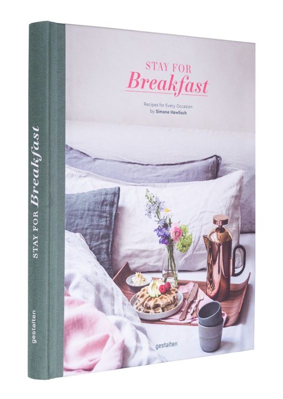 Beautiful hardback cookbook "Stay For Breakfast" featuring 208 pages of diverse and delightful breakfast recipes for all occasions.