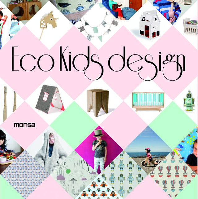 Hardback book "Eco Kids Design" features sustainable decor ideas for children's imaginative spaces, measuring 198 x 198 mm.