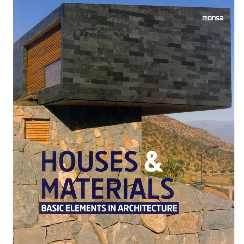 Illustrated book on innovative architecture using wood, stone, metal, glass, and concrete for sustainable design inspiration.