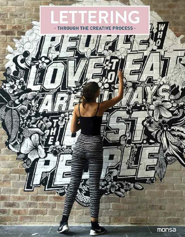 A hardback book titled "Through the Creative Process" featuring 128 pages of lettering inspiration and techniques by Carolina Amell.