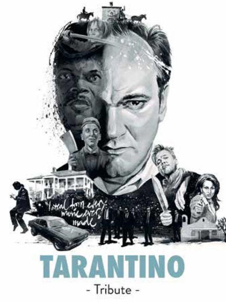 Hardback book celebrating Quentin Tarantino with fan art by 31 artists, featuring anecdotes and quotes from his films.