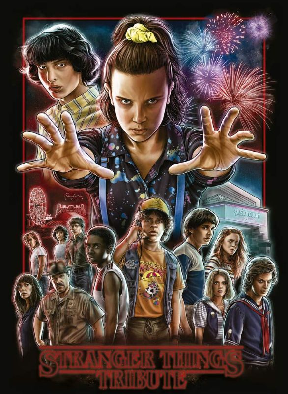 Hardback book "Stranger Things Tribute" featuring 112 pages of captivating illustrations celebrating 80s pop culture.