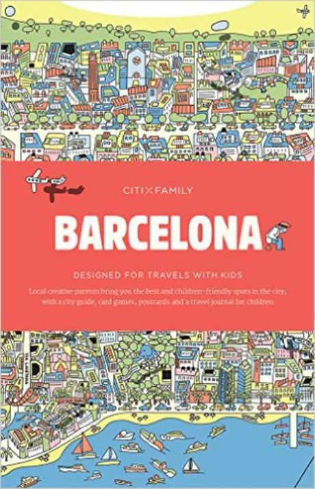 Illustrated travel guide for families exploring Barcelona, featuring maps, activities, and memory games for kids.