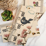 Floral NZ Birds height chart for kids, measuring 195cm, crafted from sustainable pine veneer with unique wood grain.