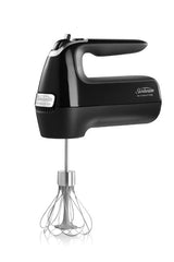 Hand mixer in black with stainless steel attachments, 7 speeds, storage case, and versatile tools for blending and kneading.