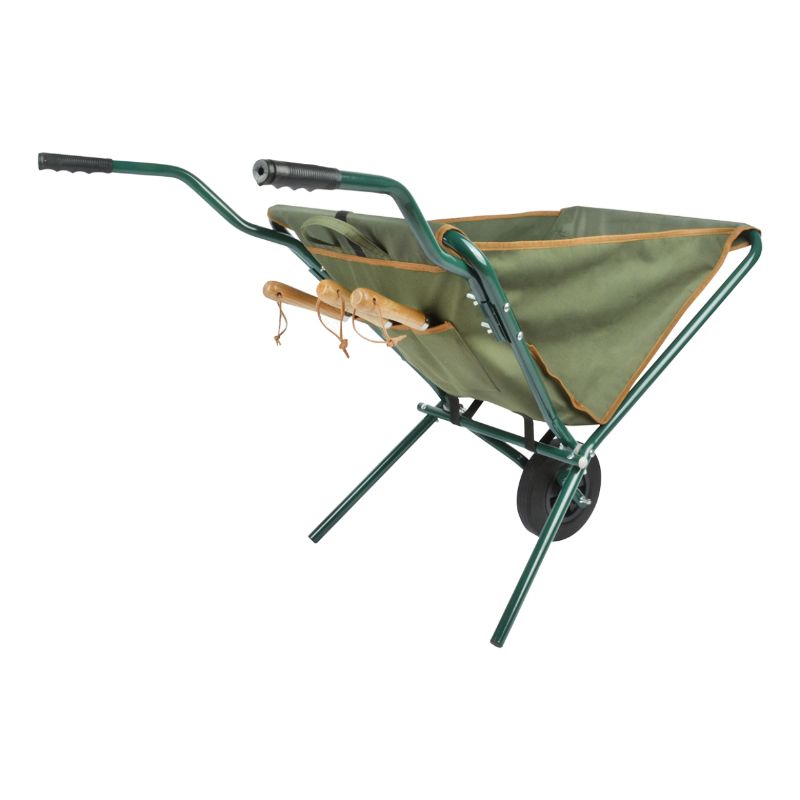 Foldable Wheelbarrow with compartments for tools, lightweight design, perfect for gardening tasks, and easy to store.