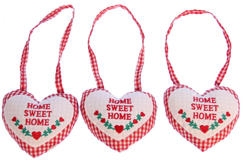 Set of 3 hanging heart decorations with 'HOME SWEET HOME' design, perfect for adding warmth to any living space.