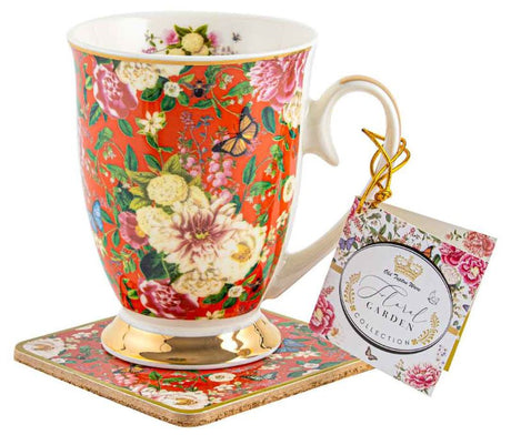 Floral Garden Red mug and coaster set with elegant design, perfect for tea and coffee lovers, ideal for home decor.