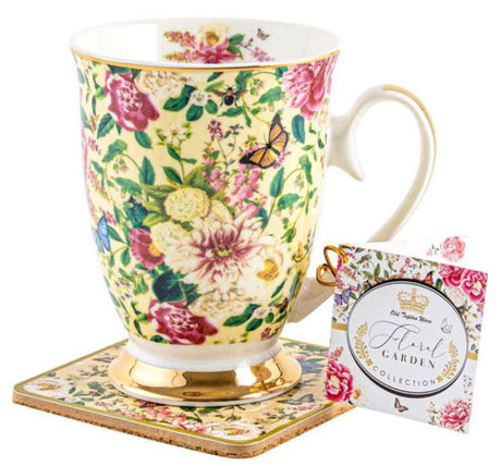 Elegant cream ceramic mug and floral coaster set, perfect for coffee lovers and home decor enthusiasts.