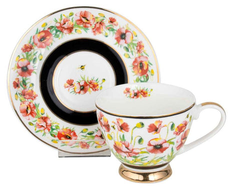 Elegant ceramic teacup and saucer set featuring vibrant poppy designs, perfect for tea parties and special occasions.