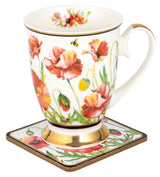 Elegant Mug and Coaster Set featuring vibrant poppy designs, perfect for coffee, tea, and enhancing your dining decor.