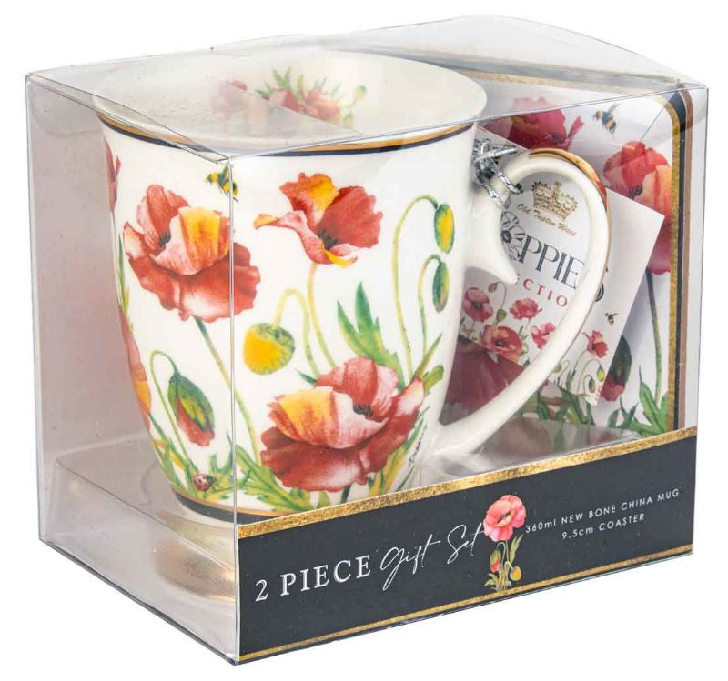 Mug and coaster set featuring vibrant poppy designs, perfect for elegant dining and everyday enjoyment.