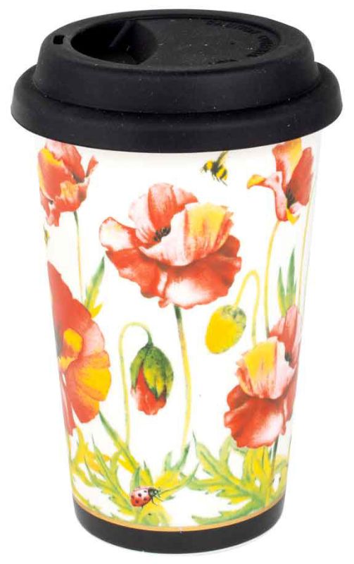 Vibrant Poppies Collection travel mug, stainless steel, insulated, spill-proof lid for stylish, sustainable sipping on-the-go.