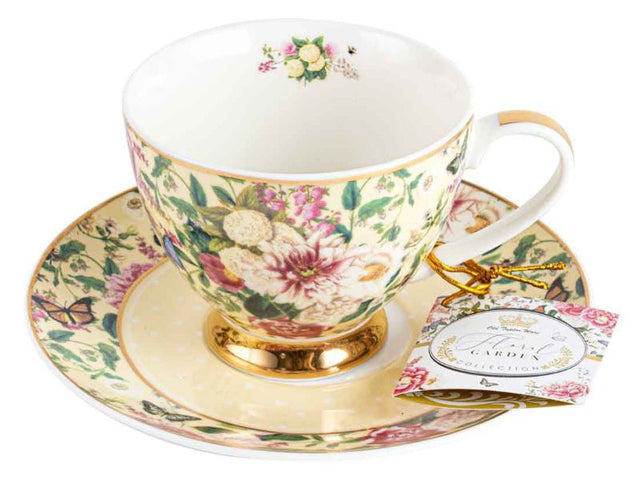 Delicate Floral Garden Teacup and Saucer Set in cream, perfect for elegant tea time and versatile for any occasion.