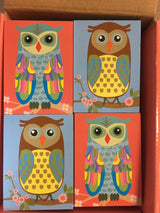 Set of 4 owl-themed mini notebooks, 6x8.5cm, with watermarked pages, perfect for note-taking and gifting.
