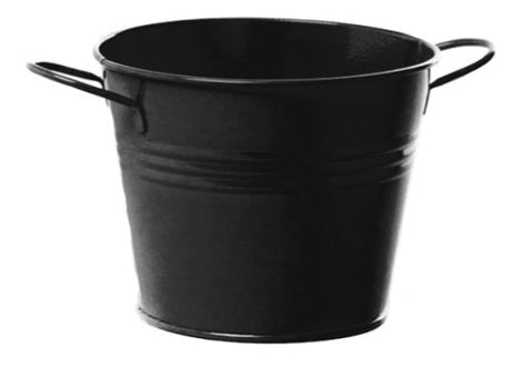 Compact black metal bucket with handles, measuring 12cm high and 15cm diameter, ideal for storage and decor.
