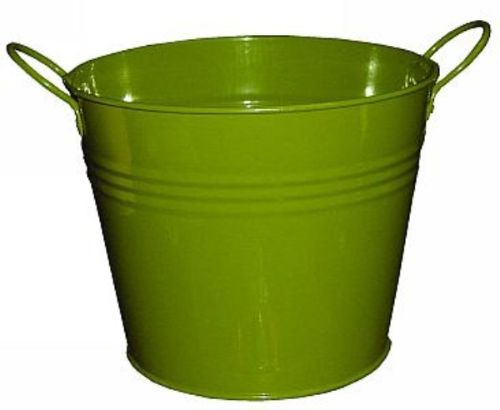 Moss-colored metal bucket, 10.8cm, with handles, perfect for storage, plants, or decor in home and garden.