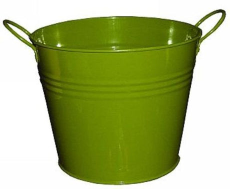 Moss-colored metal bucket, 10.8cm, with handles, perfect for storage, plants, or decor in home and garden.