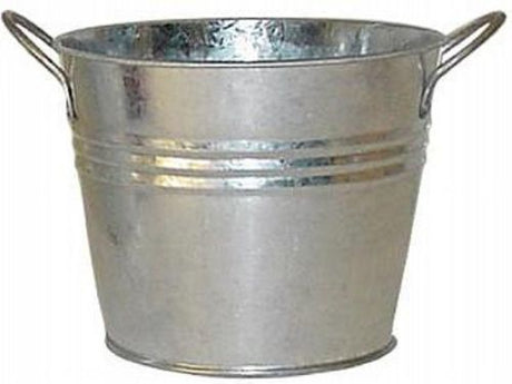 Silver metal bucket with two handles, 10.8cm in diameter, perfect for storage or as a charming planter.