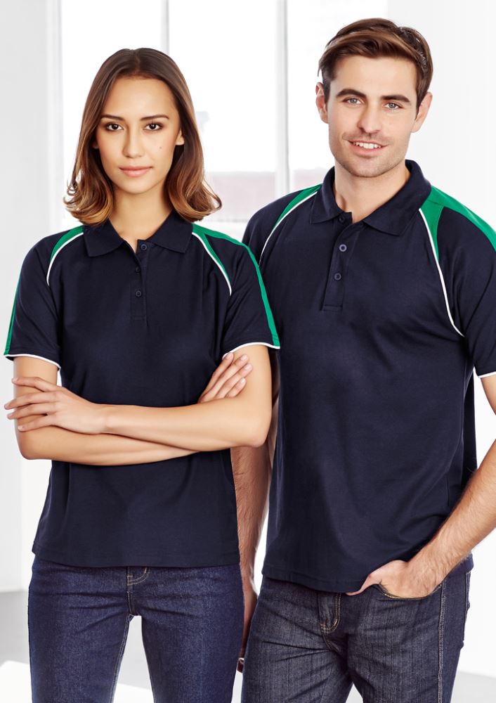 Navy, gold, and white Ladies Triton Polo shirt in Size 14, featuring raglan sleeves, UPF protection, and chic design.
