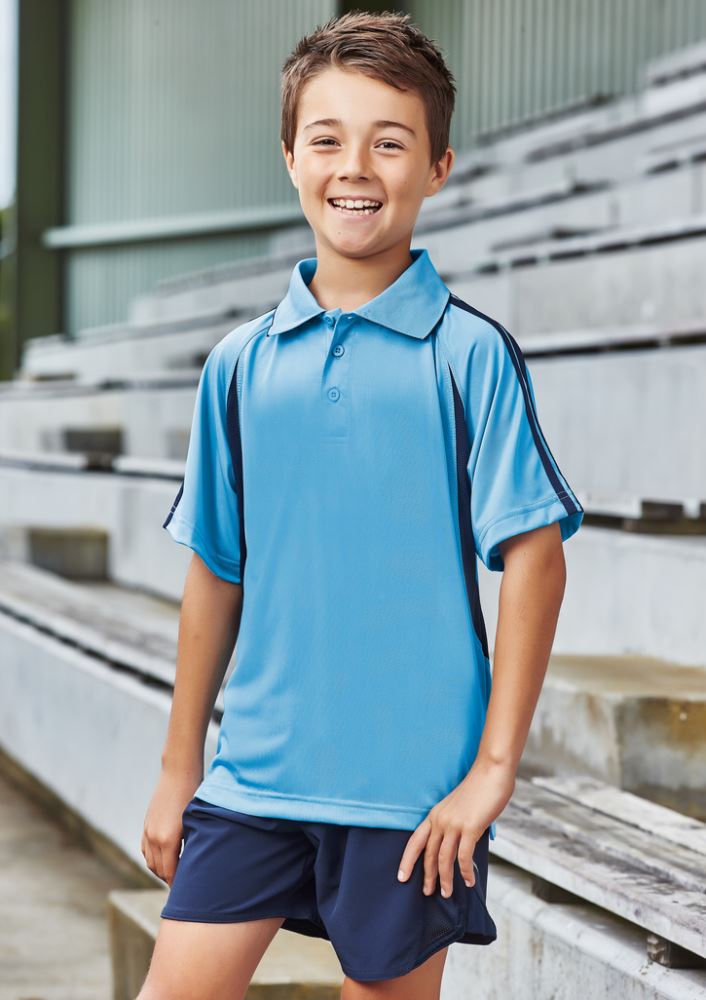 Kids Flash Polo in Royal/Gold, size 10, featuring breathable polyester, snag-resistant fabric, and stylish contrast details.