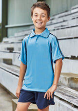 Kids Flash Polo in Royal/Gold, size 10, featuring breathable polyester, snag-resistant fabric, and stylish contrast details.