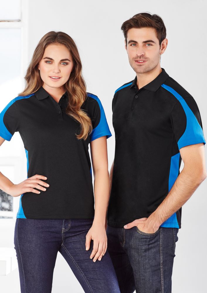 Mens Talon Polo in Royal/White, breathable fabric, modern fit, UPF rated, featuring knitted collar and contrast panels. Size M.