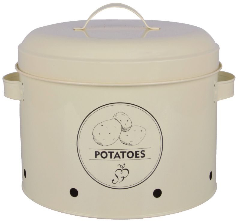 Rustic 27cm potato storage tin designed for optimal ventilation, keeping potatoes fresh and organized in the kitchen.