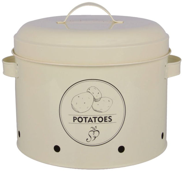 Rustic 27cm potato storage tin designed for optimal ventilation, keeping potatoes fresh and organized in the kitchen.