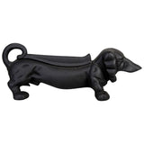 Black dachshund-shaped boot scraper, 32cm long, crafted from durable cast iron for effective mud removal and stylish entryway decor.