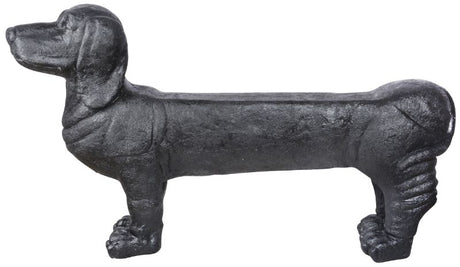 Whimsical dachshund-shaped bench for outdoor seating, perfect for gardens, patios, and backyard relaxation.