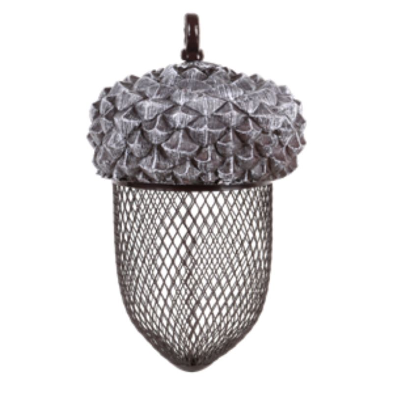 Acorn-shaped bird feeder (22.2cm) crafted from durable PVC and iron, perfect for attracting birds with nuts or peanuts.