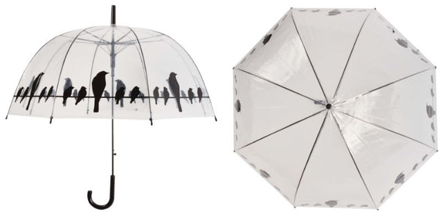 Transparent umbrella with whimsical birds on a wire design, offering style and protection from rain and wind.