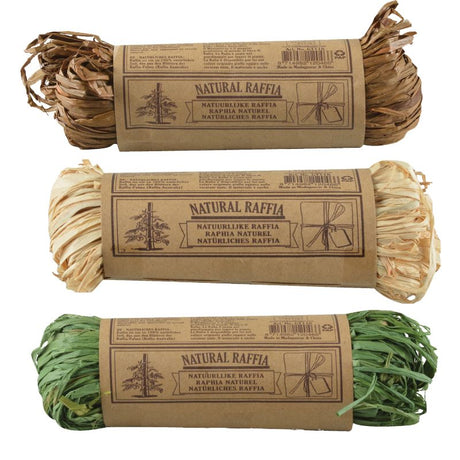 Assorted raffia ropes in natural, green, and brown colors, ideal for crafting, gardening, and eco-friendly gift wrapping.