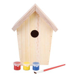 DIY Wooden birdhouse nesting box with paint kit, ideal for small birds; features a keyhole opening and bottom access for easy cleaning.