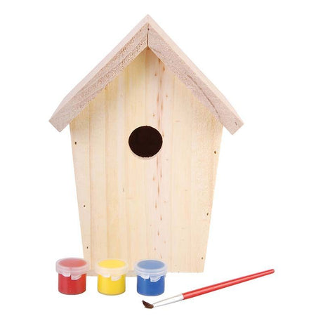 DIY Wooden birdhouse nesting box with paint kit, ideal for small birds; features a keyhole opening and bottom access for easy cleaning.
