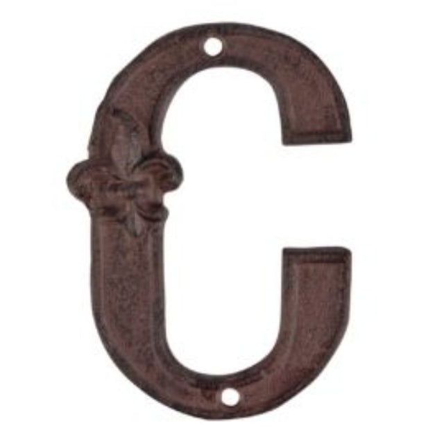 Set of 5 elegant cast iron house letter "C", each 12cm, with intricate design and pre-drilled holes for easy mounting.