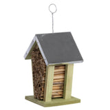 Charming set of 3 bee houses with metal roofs, crafted from pinewood and bamboo, promoting bee conservation in gardens.