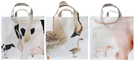 Set of 24 assorted shopping bags featuring fun pig, goose, and cow designs, perfect for eco-friendly grocery runs.