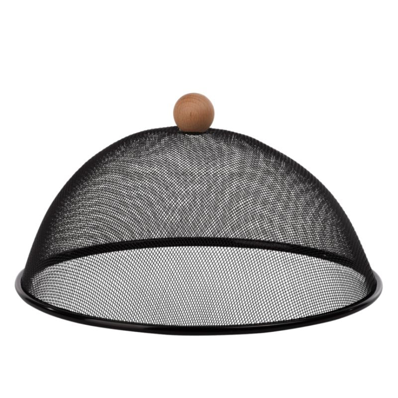 Black mesh food cover measuring 30 x 16cm, featuring a beech wood handle, protects meals from insects during outdoor dining.