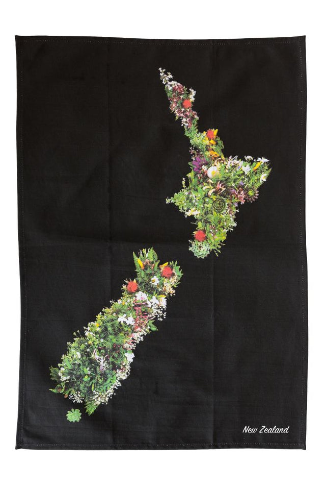 Colorful NZ map tea towel with floral patterns, measuring 50x70cm, perfect for kitchen décor and practical use.