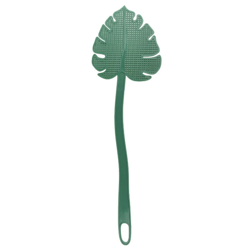 Set of 10 leaf-shaped fly swatters, 42cm long, designed for effective pest control and easy storage.