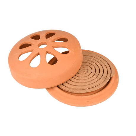 Citronella coils in a terracotta holder, natural insect repellent for outdoor use, 10 coils with 6-12 hours burn time.