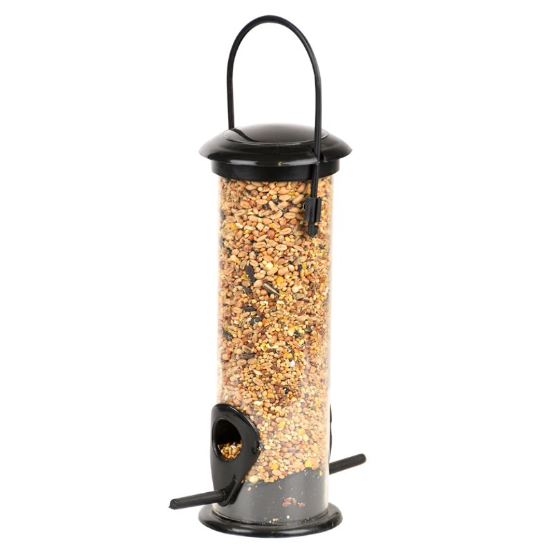 Stylish black bird feeder (22cm) with perch, keeps seeds dry while attracting finches and sparrows to your garden.