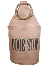 Stylish fabric doorstop bag with ring, measuring 13 x 28 cm, prevents door slamming and protects floors.