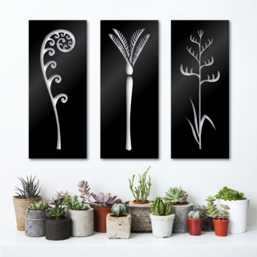 Contemporary wall art featuring intricate frond designs on durable black ACM, perfect for modern indoor and outdoor decor.