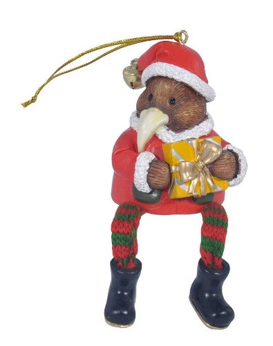 Whimsical 6cm Christmas kiwi ornament with a gift and playful dangling legs, perfect for festive decor.